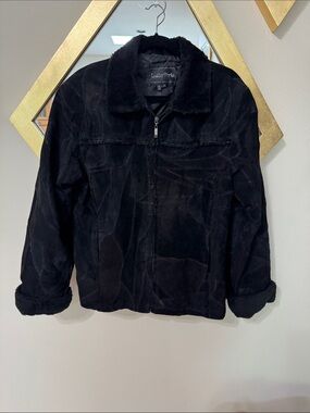 Leather Works Black Genuine Suede Patchwork Jacket Faux Fur Trim XL Y2K Zip Up